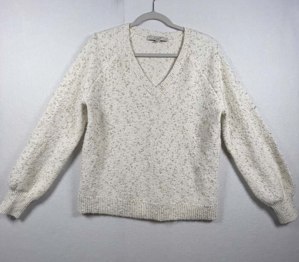 LOFT Cream Beaded V-Neck Long Sleeve Sweater Medium